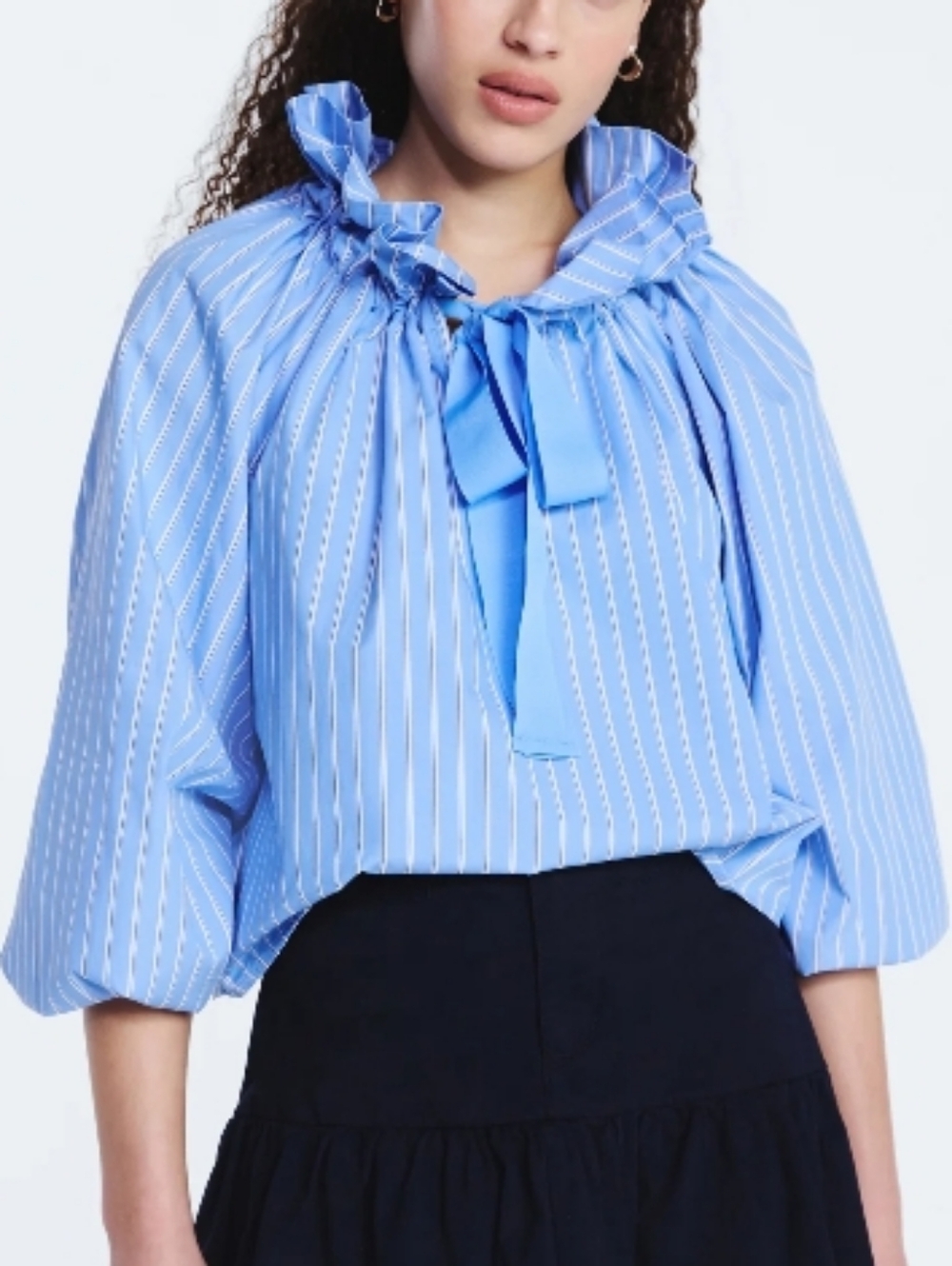 Free Assembly Cotton Blue White Striped Ruffle Neck Tie Puff Sleeves Top Size L